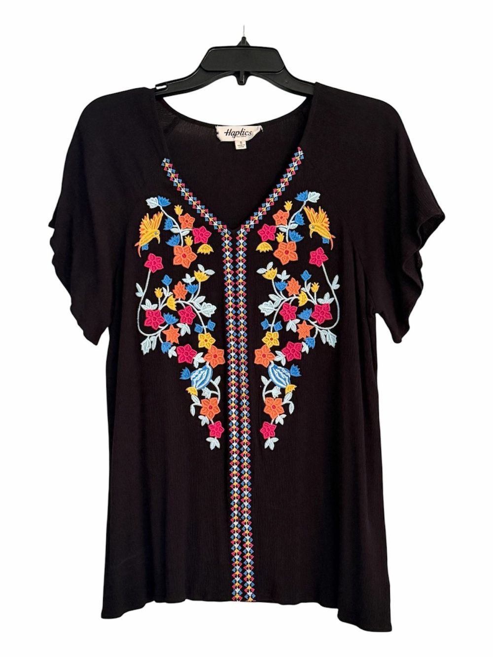 Haptics Black V-Neck Embroidered Boho Floral Top Sz S Oversized